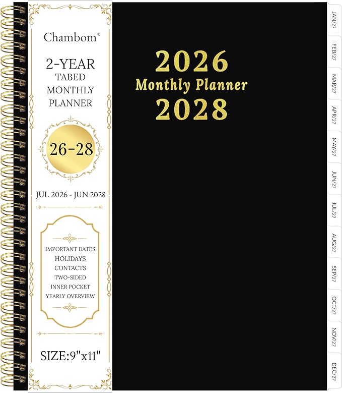 2026-2028 Monthly Planner, 2 Year Monthly Planner/Calendar 2026-208, Jul 2026 – Jun 2028, 9" x 11", Tabs, Double-Side Pocket, Holidays, Thick Paper - Black