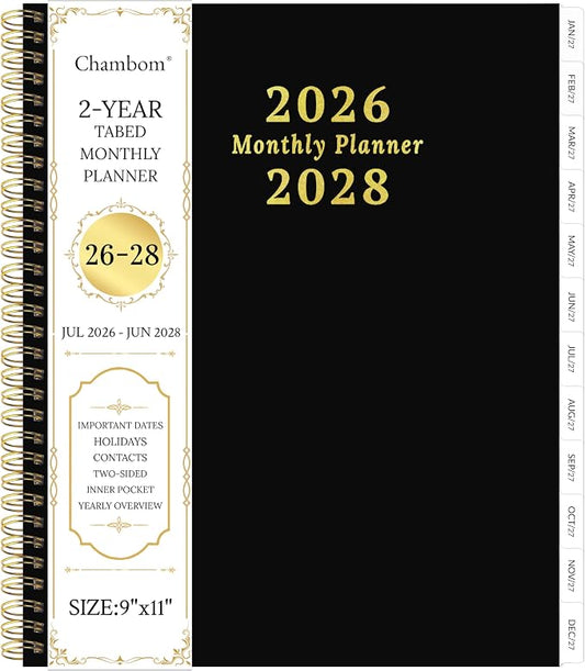 2026-2028 Monthly Planner, 2 Year Monthly Planner/Calendar 2026-208, Jul 2026 – Jun 2028, 9" x 11", Tabs, Double-Side Pocket, Holidays, Thick Paper - Black