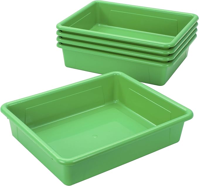 Storex Letter Size Flat Storage Tray – Organizer Bin with Non-Snap Lid for Classroom, Office and Home, Green, 5-Pack (62539U05C)