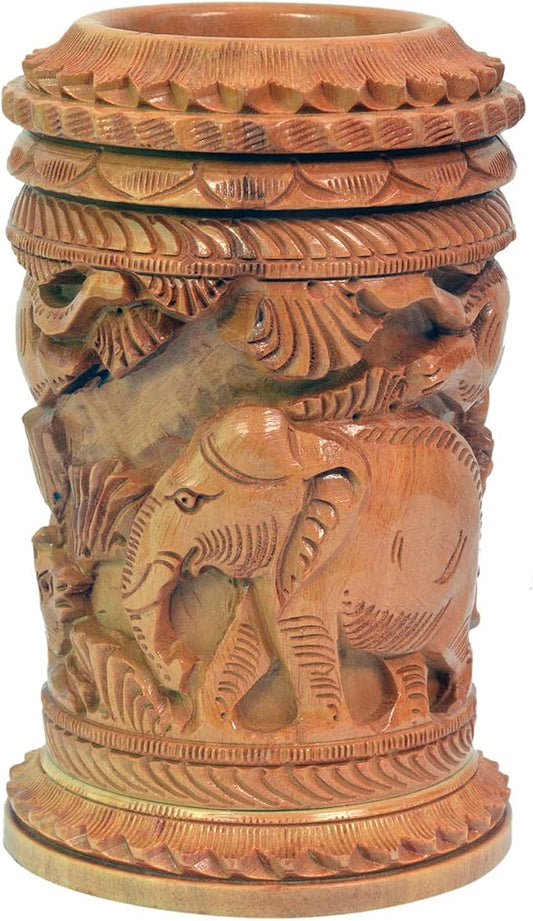 Craft Trade Hand Carved Wooden Pen Holder Desk Organizer, Elephant Design Pencil Holder Cup for Office Home School, Wooden Stationery Storage Box, Desk Decor, Camel Brown