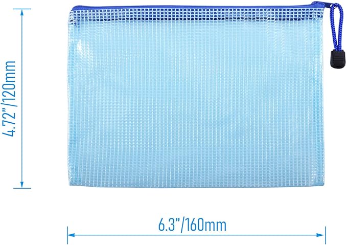 6 Pcs 4.72" x 6.3" A6 Sizes Mesh Zipper Pouch Bags, Mesh Bags with Zipper，Waterproof Clear document pouch for Organization Puzzles Travel, Office, Classroom Organization, A6 Blue
