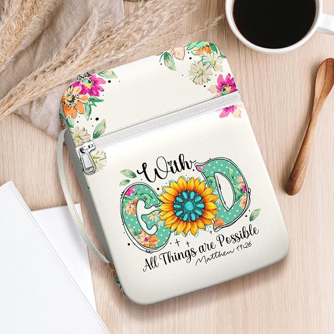 Floral Sunflower Bible Cover for Women with Handle and Zipper Pocket, Inspirational Canvas Bible Bag with Scripture Verse, Fits Standard Size Bible, Christian Gift for Mom, Girls