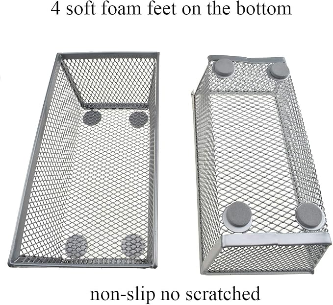 HAHIYO Stackable Mesh Tray Cup 6 x 3 x 2 inches Sturdy Container for Desk Drawer Organizer Collection for Home Office School kitchen Soft Foam Feet No Sharp Edges 2 Pack Silver