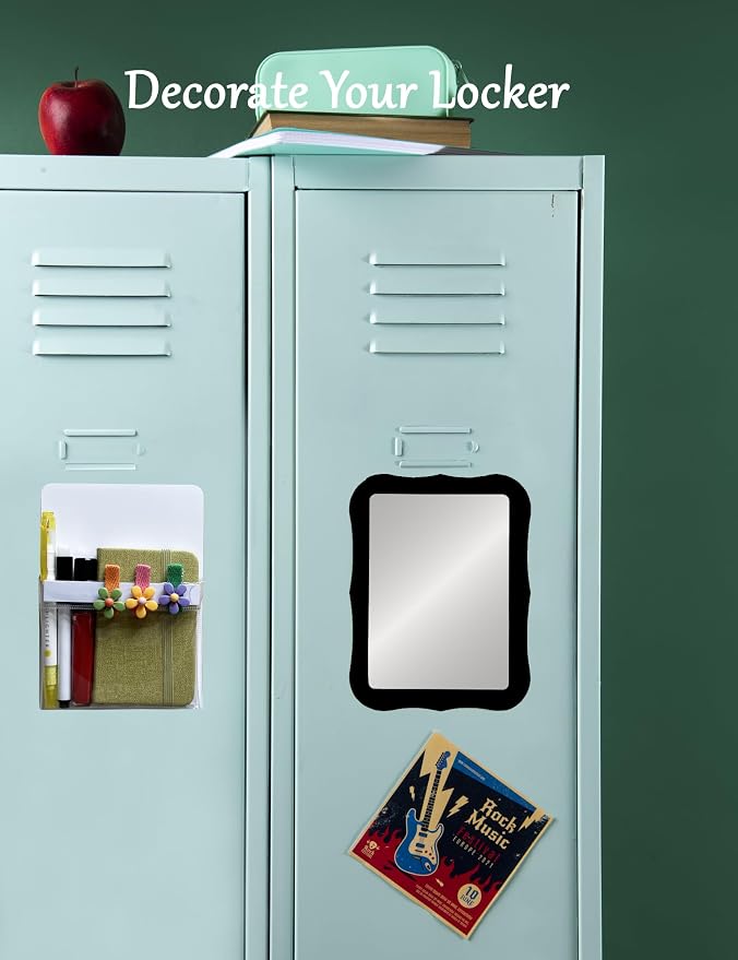 Magnetic Locker Mirror with Magnetic Pen Holders, Locker Accessories Kit, Back to School Essentials, Cute Decorative Locker Organizer for School Locker Decor, Office, Fridge, Home Decor(Black)