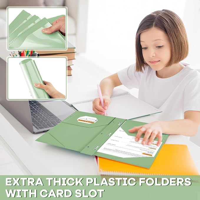 Henoyso 18 Pcs Plastic Folder with Clear Front Pocket and 3 Prong Plastic Folders with Card Slot Pocket Folders with Prongs for School Office (Sage Green)