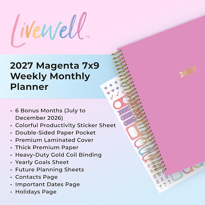 Blue Sky Livewell 2027 Weekly and Monthly Planner Calendar, January 2027 - December 2027, 7" x 9", Flexible Cover, Durable Twin Wire Binding, Colorful Pages, Storage Pocket, Includes Stickers, Magenta