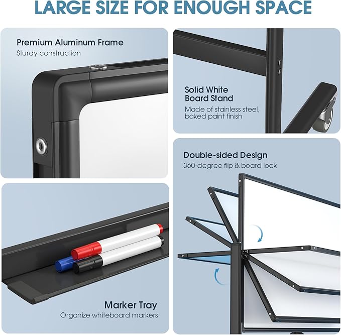 MaxGear Large Rolling Whiteboard, 72x40 Mobile White Board on Wheels, Double-Sided Magnetic Dry Erase Board with Stand, Adjustable Height Whiteboard for Home, School & Office, Black
