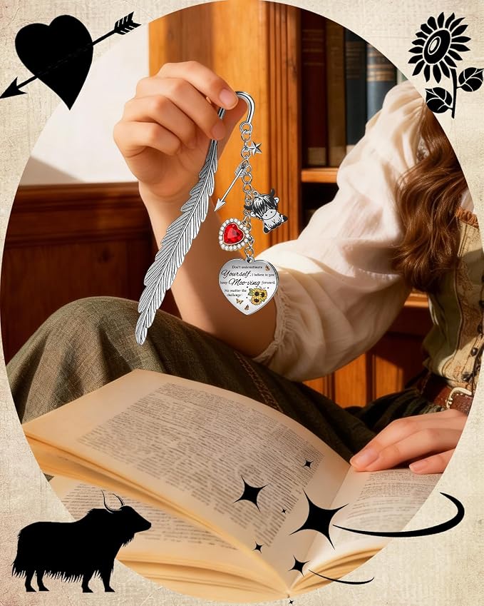 Buleens Bookmarks for Women Reading - Book Marks for Readers Book Lovers, Cute Feather Dog Paw Personalized Metal Bookmark with Pendants, Pretty and Aesthetic Book Accessories Reading Gifts