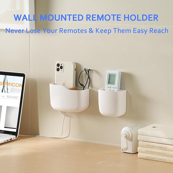 Remote Holder Wall Mount TV FAN Remote Control Holder Bedside Caddy Wall Organizer Phone Holder for Office Adhesive Media Player Controller Holder Box Tray Home Desk Nightstand White 1Big 1Small