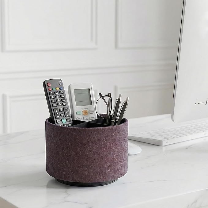 Round Leather Art Supply Organizer,Remote Control Holder,360 Degree Spinning,Multi-Functional Pencil Holder,4 Compartments Desktop Stationary Organizer(1-Soft Dark Brown2)