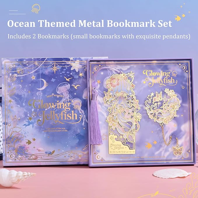 2 Pcs Metal Bookmark Gift Box, Golden Hollow Bookmarks Ocean Painting Theme Book Mark for Women, Book Lovers Writers Readers and Teens, Perfect for Birthday and Graduation Gifts(Purple)