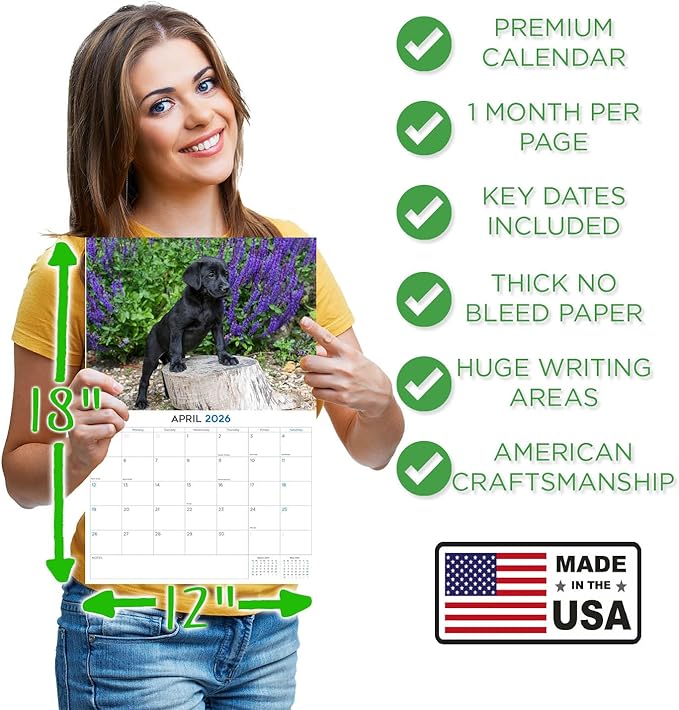 2025 2026 Labrador Pups Black Calendar - Dog Breed Monthly Wall Calendar - 12" x 18" Open - Thick No-Bleed Paper - Giftable - Academic Teacher's Planner Calendar Organizing & Planning - Made in USA