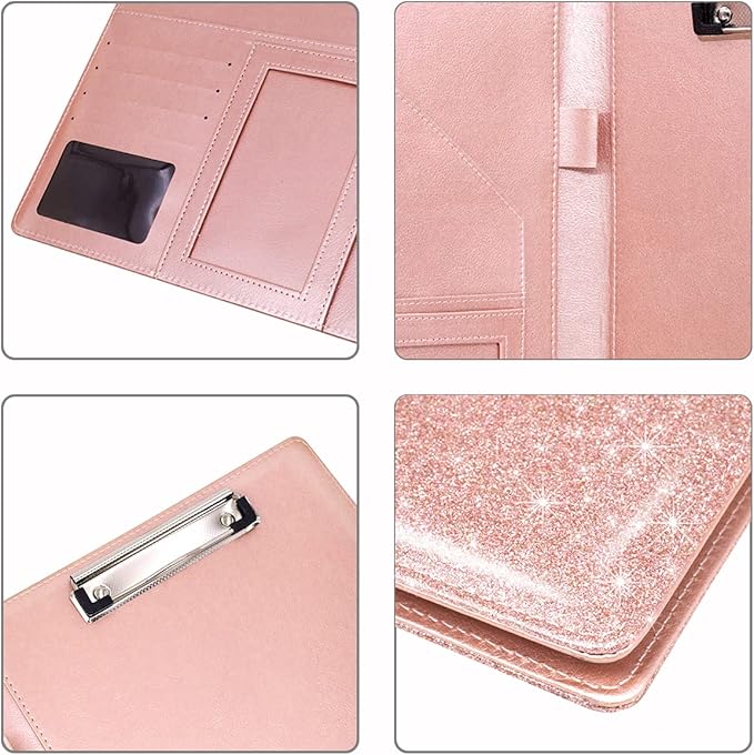 Padfolio/Resume Portfolio Folder Glitter Pink for Women,WAVEYU Cute Pink Padfolio Cover Folder, Conference/Legal Document Organizer with Letter/A4 Size Clipboard, Document Sleeve