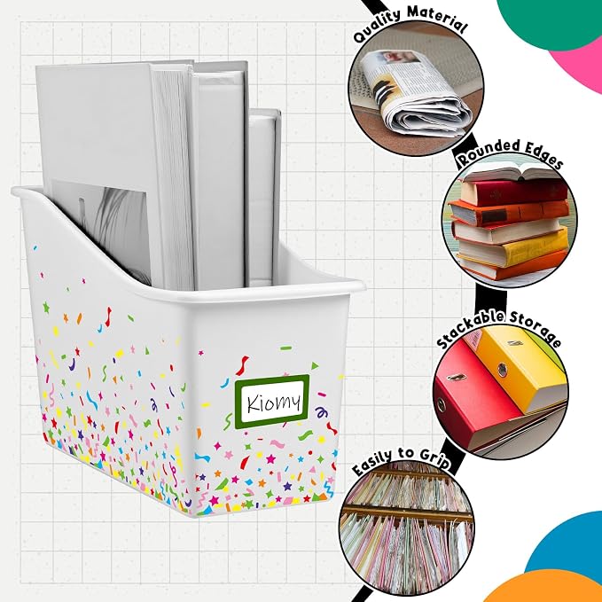 Jinei 24 Pack White Book Bins for Classroom Bulk Confetti Book and Binder Holders with Name Labels Assorted Color Plastic Classroom Organization Basket Box Teacher Storage Bins for Home Office