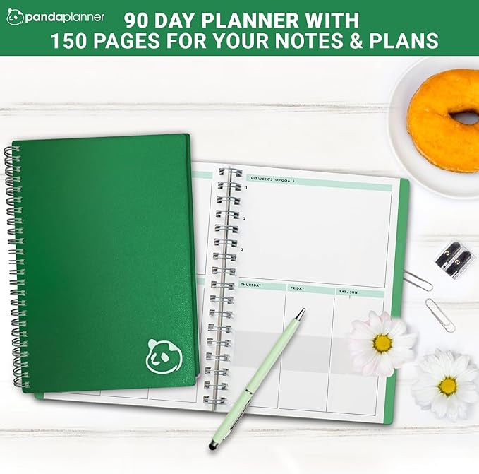 Panda Planner 2026 Undated Daily Planner 5.75" x 8.25" – 90-Day Spiral Productivity & ADHD Planner with Hourly Schedule, Habit Tracker, To-Do List & Monthly Calendar – Panda Journal for Home & Office (Green)