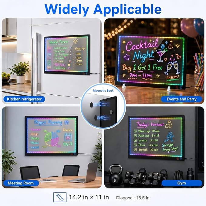LED Note Board with12+4 Color Light Modes,14.2"x11" Led Drawing Board, for Home/Office/DParty& Gifts, Acrylic Magnetic Whiteboard LED Doodle Board Colors