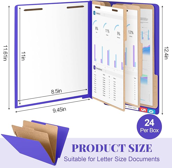 Skyygemm 24 Pcs End Tab Classification Purple File Folders 3 Dividers Letter Size with 3.5'' Fasteners and 2 Prongs, Manila Folders Bulk for Office Business Classroom