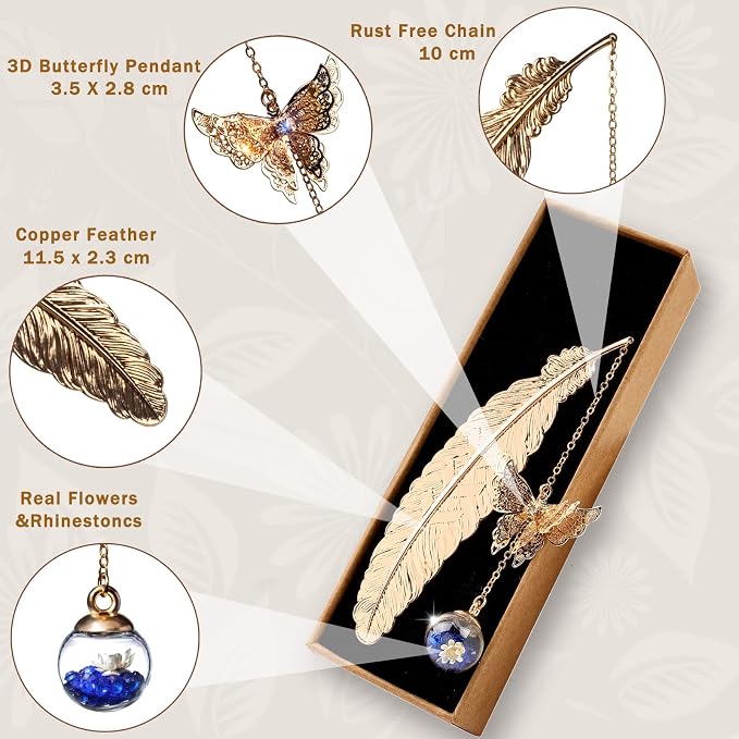 Teacher Appreciation Gifts for Women - Metal Feather Bookmark with 3D Butterfly Charm – Mother’s Day Gifts for Mom, Thank You Gifts, Book Lover Gift Under 10 Dollars, Gift Box Included