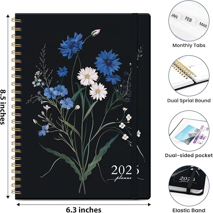 2026 Planner, Weekly and Monthly Planner for Women, January 2026 - December 2026, Hardcover 2026 Calendar Planner Book with Tabs, Inner Pocket, Spiral Bound, Perfect for Office Home School Supplies - A5 (6.3" x 8.5"), Floral Whispers