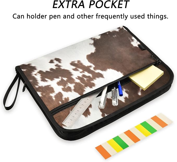 Western Cow Skin Texture Expanding Accordion File Folder with Sticky Labels, 13 Pockets Zip File Folder with Zipper Closure