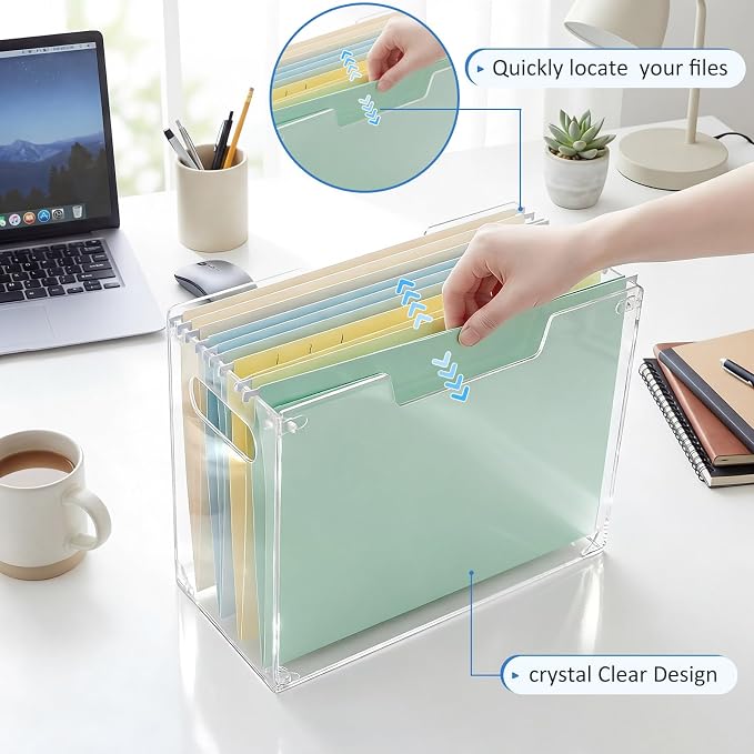 Novabright 2 Pack Acrylic File Organizer Box with Handles, Clear Hanging File Organizer for Letter Size/a4 Filing Crate Bin Holder for Desk, Office, Home, School (Letter,12.2" L x 5.51" W x 9.84" H)
