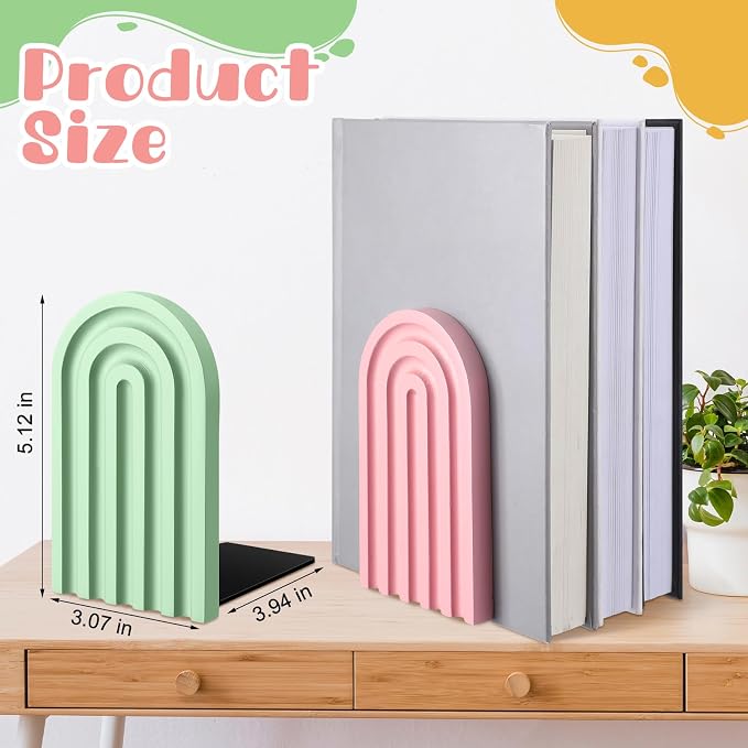 Harloon 4 Pcs Boho Arch Wooden Bookends, Decorative Rainbow Book Stoppers with Non-Slip Metal Base, 5x3x4 Inches, Cute Shelf Decor for Heavy Books, Home Office Study Desk Organizer(Pastel Color)