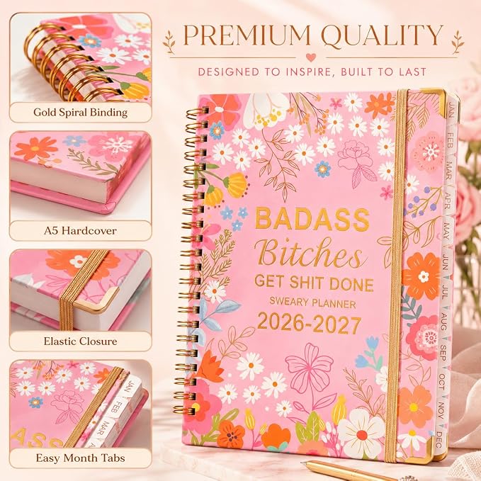 Badass Bitches Get Shit Done Sweary A5 Planner 2026-2027 - 6.2*8.5" Weekly Monthly You Are A Badass Calendar for Women, Fuck It Swear Daily Notebook Goals Productivity Journal Affirmations Gift, Pink
