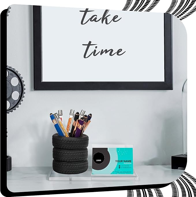 Sherr Tire Shaped Pen Holder Business Card Tire Shape Arylic Stationery Set Automotive Business Card and Car Salesman Pen Holder Office Desk Organizer for Men Cool Mechanics Gifts Car Lover(Clear)