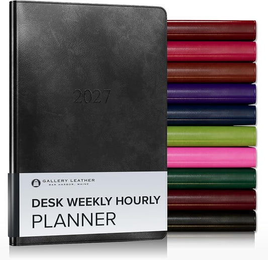 Gallery Leather Desk Hourly Weekly Monthly Planner 2027, Elegantly Bound Calendar Planner and Notebook with Stylish Gold-Gilded Page Edges, 12 Months - Acadia Black - 8x5.5"