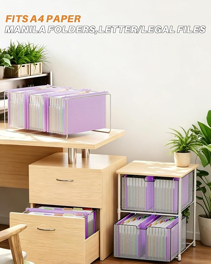Ansook Hanging File Folders, Legal Size with 1/5-Cut Adjustable Tabs, 7 Accordion Pockets, 1.2'' Expandable File Folder Organizer for Filing Cabinet Office Home, School, 50% Wheat Straw (Purple)