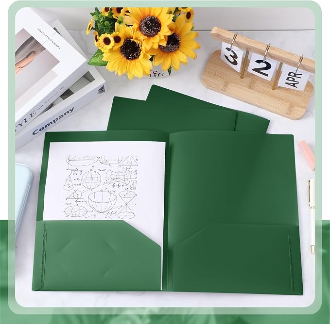 Gueevin 72 Pack Plastic Folder with Pockets, 2 Pocket Folders, Plastic Glossy Folders Fit Letter Size Paper, Heavy Duty Durable File Folder with Business Card for Home Office School (Dark Green)