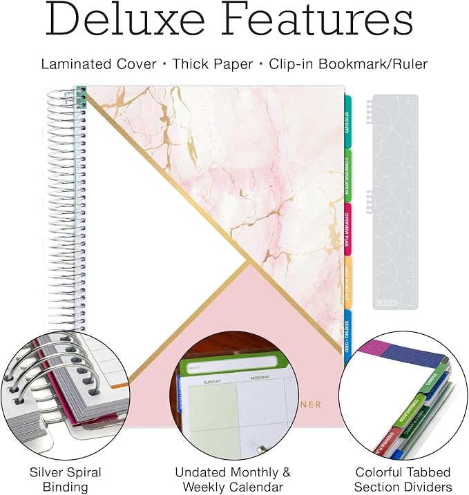 Elan Publishing Company DELUXE Undated Teacher Planner: 8.5x11 Includes 7 Periods, Page Tabs, Bookmark, Planning Stickers, Pocket Folder Daily Weekly Monthly Planner Yearly Agenda (Pink Marble)