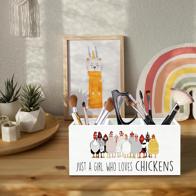 Just a Girl Who Loves Chickens Pen Holder for Desk, Chicken Lover Mom Lady Gifts Pencil Organizer, Funny Farm Rooster Hen Wooden Box Sign Desk Decor for Home Office Decoration