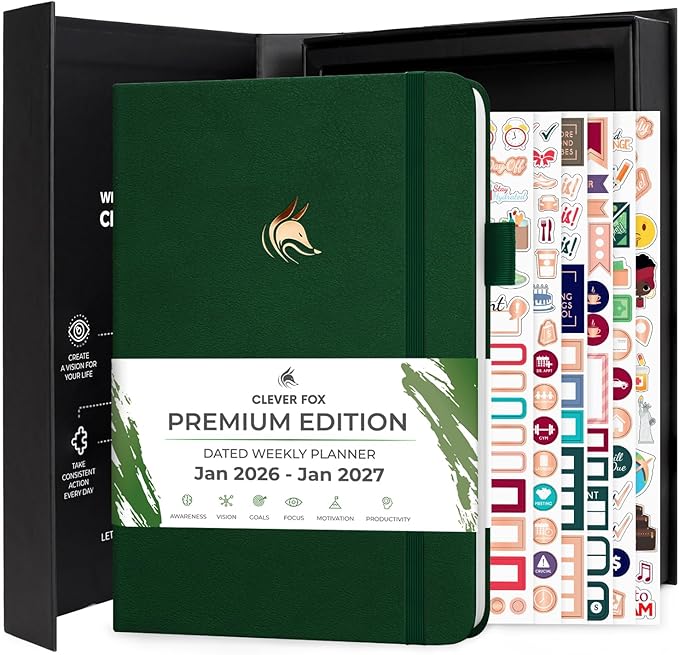 Clever Fox Dated Planner Premium 2026 – Weekly Agenda for Planning & Time Management –Notebook with Habit Tracker & To-do List (Forest Green)