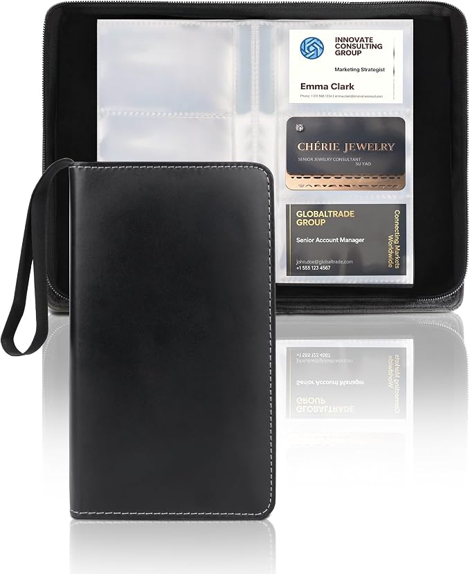 Leather Business Card Book Holder Organizer, Professional Name Card Book Holder with 300 Card Capacity, Portable PU Credit Card Wallet File Sleeve Storage for Men Women,50 Pack Sleeves Zipper Closure