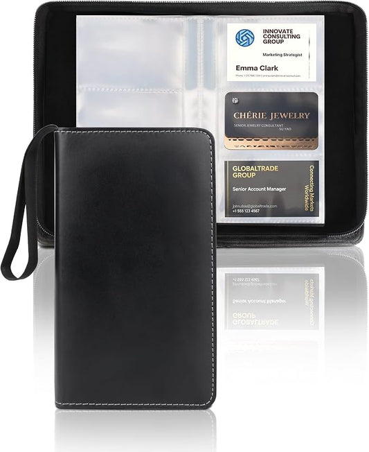 Leather Business Card Book Holder Organizer, Professional Name Card Book Holder with 300 Card Capacity, Portable PU Credit Card Wallet File Sleeve Storage for Men Women,50 Pack Sleeves Zipper Closure