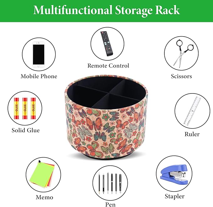 Round Leather Art Supply Organizer,Remote Control Holder,360 Degree Spinning,Multi-Functional Pencil Holder,4 Compartments Desktop Stationary Organizer(1-Color Butterfly)