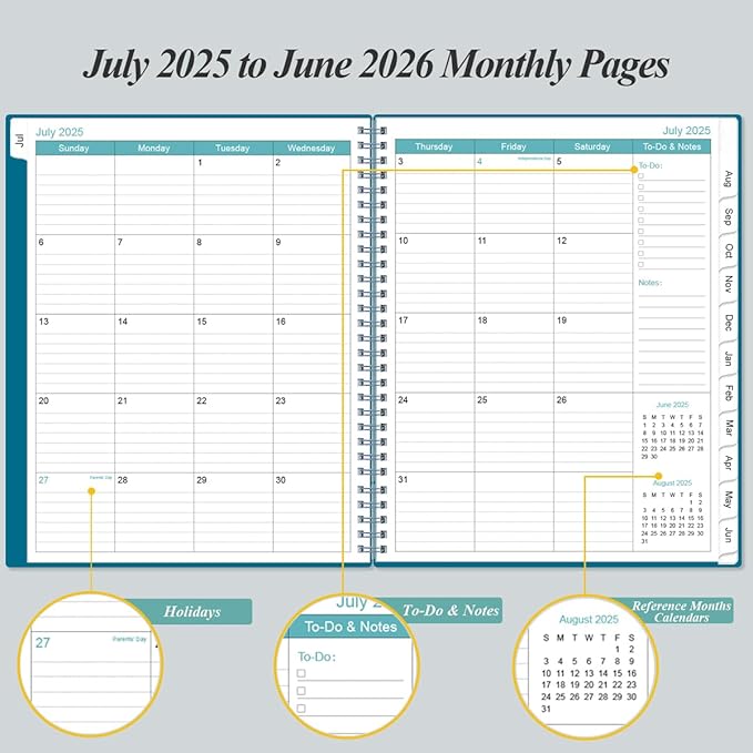 2025-2026 Planner - 8.5" x 11" Weekly Monthly Planner from July 2025 to June 2026 with 12 Monthly Tabs, Inner Pocket, Elastic Closure, Teal
