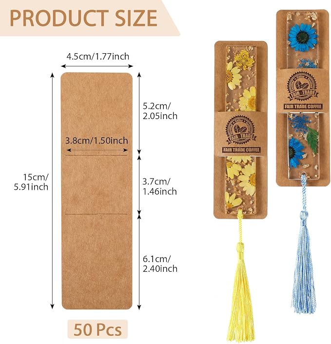 Fumete 50 Pieces Resin Bookmark Holder Bulk 5.9 x 1.8 Inches Kraft Bookmark Sleeves DIY Display Cards for Wrapping Small Business Packaging Supplies Party Favor Gifts(Cute,Brown)