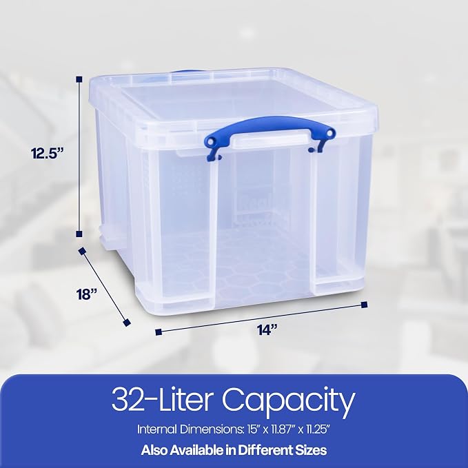Really Useful Box 3-Pack Clear Stackable Storage Containers with Snap Lids, 32 Liters - Plastic Organizer Bins with Clip-Lock Handles for Home, Bedroom, Closet, Bathroom, Garage, and Office