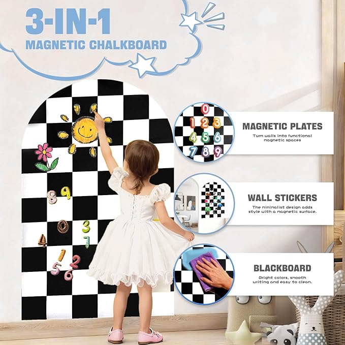 Magnetic Chalkboard Wall Decal 24''x40'' Arch - Removable Reusable Peel and Stick (No Wall Damage) Extra Strong Magnetism - Easy Clean Chalkboard for Home Office Playroom (Black White Checker)