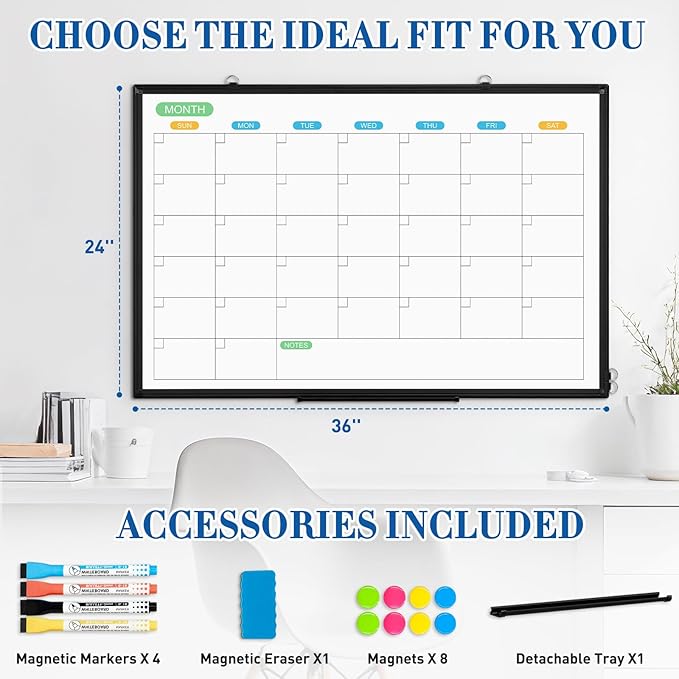WALGLASS Dry Erase Calendar Whiteboard for Wall, 36" x 24" Double-Sided Monthly Calendar White Board with Black Aluminum Frame, Hanging or Wall Mount Whiteboard for Home, Office, School