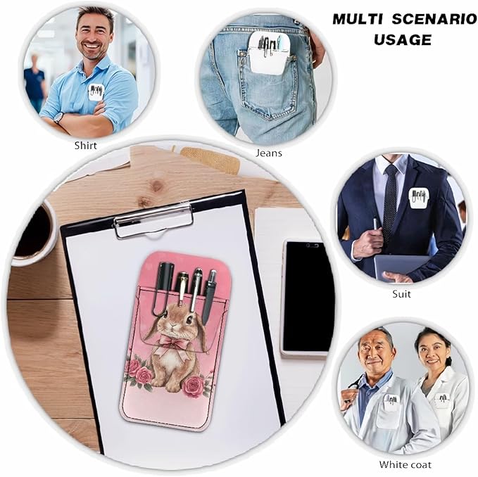 chaqlin Pocket Protector Pen Holder, Cute Bunny Rose Print PU Leather Pocket Organizer Pouch for Shirts Lab Coats Pants Pen Sleeve Writing and Correction Supplies