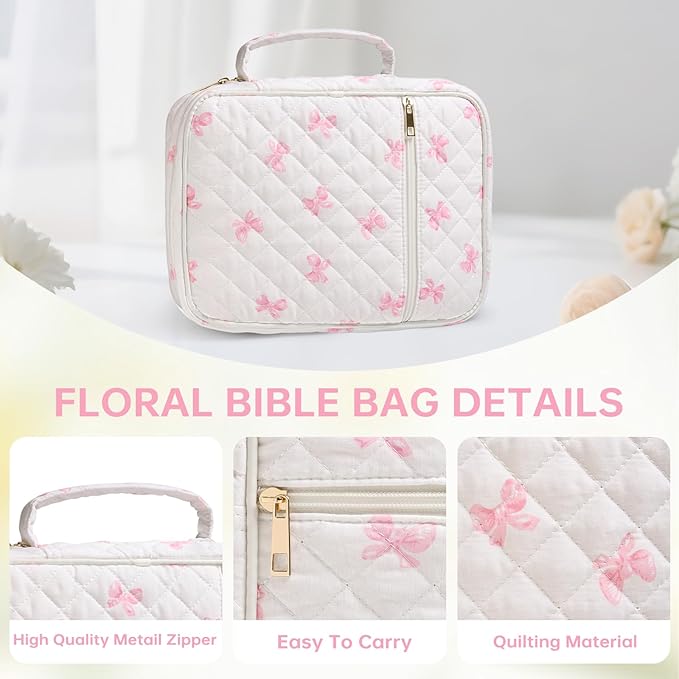 Bible Cover Case for Women Large Bible Cover with Durable Handle Quilted Bible Carrying Case for Girls Bible Study Supplies Accessories (Pink Bow, Pink Bow)