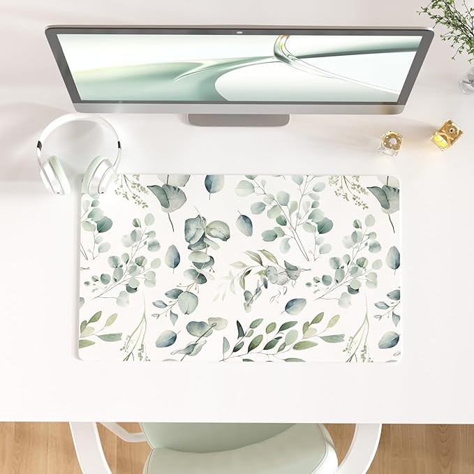 Colorful Star Large Mouse Pad, PU Leather Waterproof Desk Mat, Computer Gaming Mouse Pad, XXL Full Table Mousepad Non Slip Desk Pad for School Office Home 23.6" x 13.8" - Fresh Eucalyptus Leaves