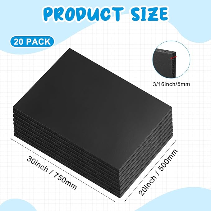 Tenceur 20 Pcs Large Foam Boards Bulk Foam Core Backing Board 3/16 Inch Thickness Foam Core Board Foam Poster Boards for Presentations, School, Office, Art Projects(Black,20 x 30 x 3/16 Inches)