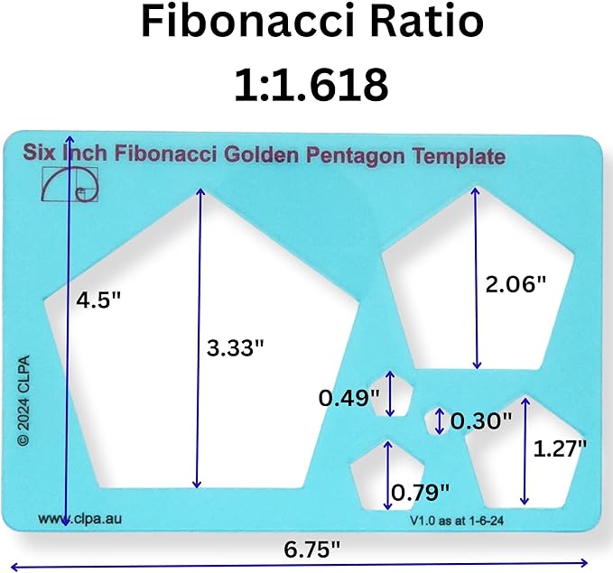 Fibonacci 3-Piece Template Set — 6" Triangle, Pentagon and Hexagon | Golden Ratio Drawing Tools | Fibonacci Art and Drafting Stencils | Clear PETG | Made in Australia