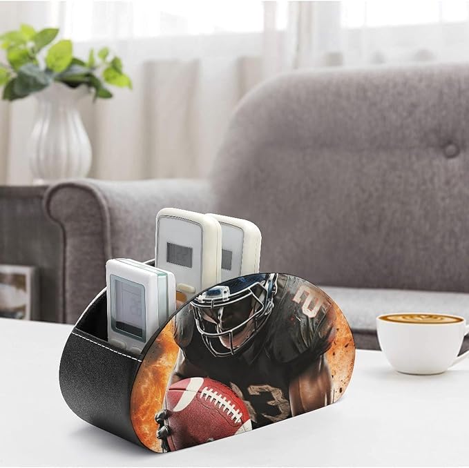 Cool American Football Remote Control Holder with 5 Compartments, PU Leather TV Remote Caddy, Desk Organizer for TV, Game Controllers, Office Supplies