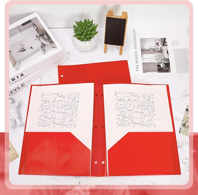 Yeaqee 72 Pcs Plastic Folders with Pockets Bulk 3 Hole Punched 2 Pocket File Folders for 3 Ring Binder Divider Folder for Notebooks, Durable Poly for Office Home (Red)