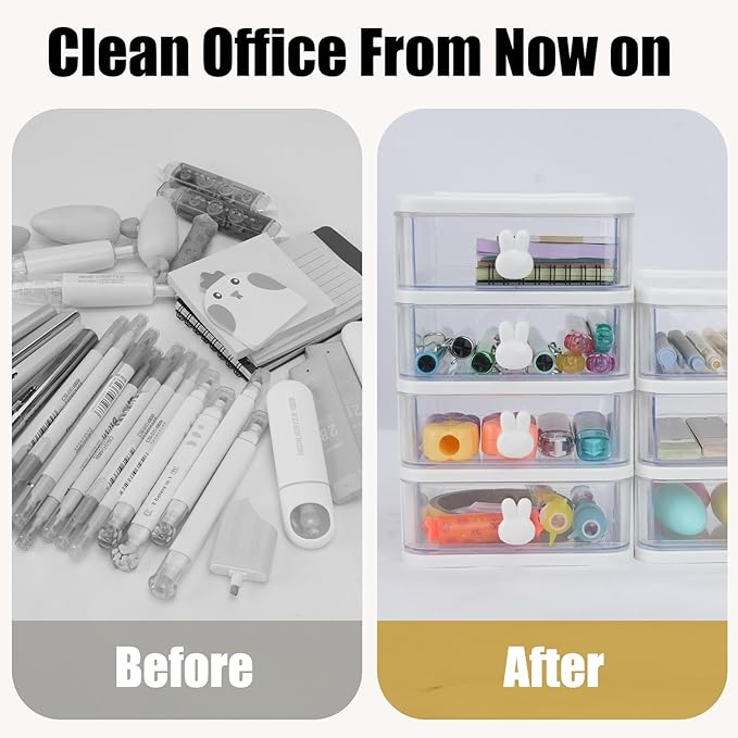 CEYAZYE Desk Organizer with Drawer, Stackable Makeup Organizer White, Small Plastic Storage Box for Desktop, Bathroom Counter or Dresser, School, Home, Office (4 Tier)